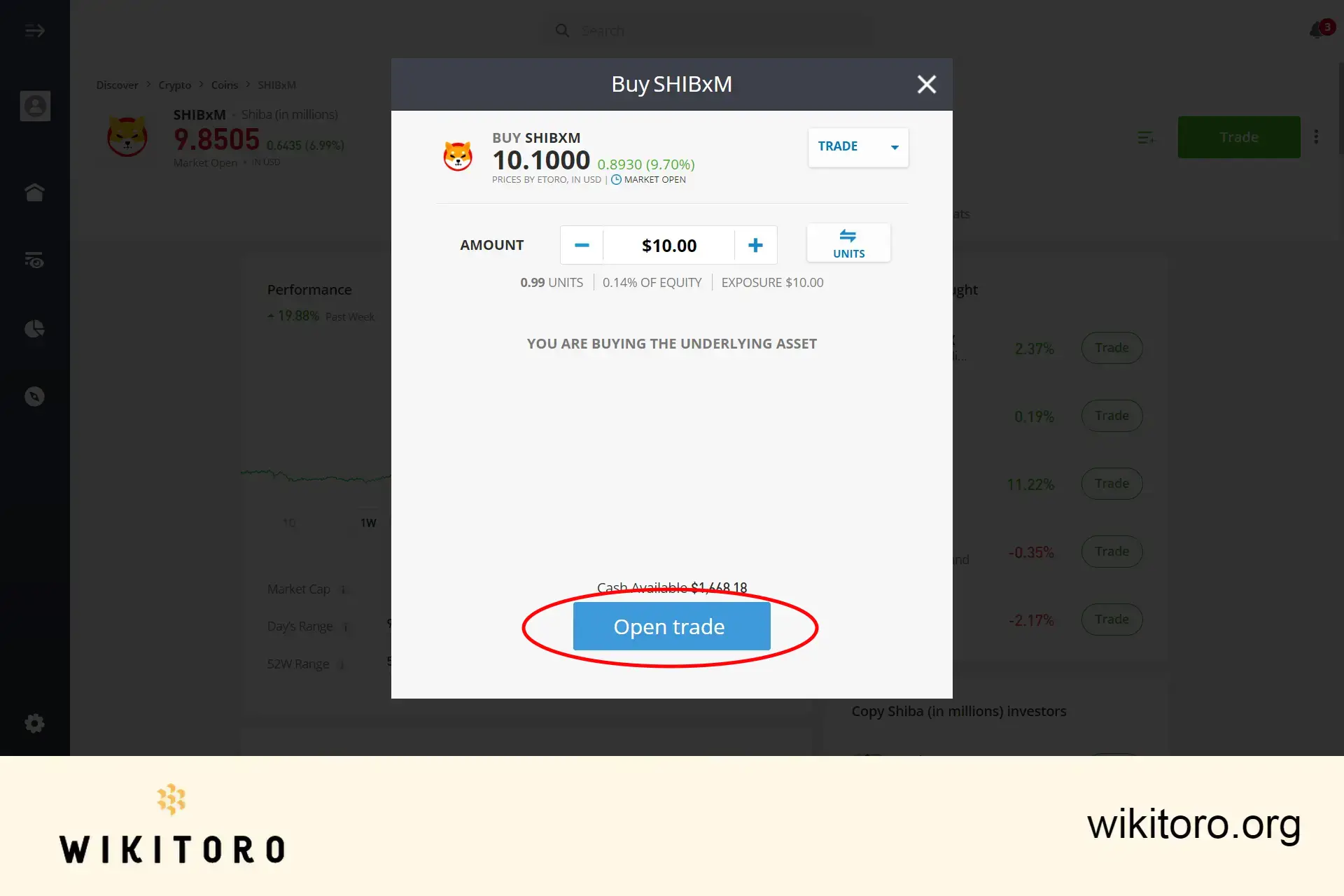 Executing Shiba Inu trade on eToro