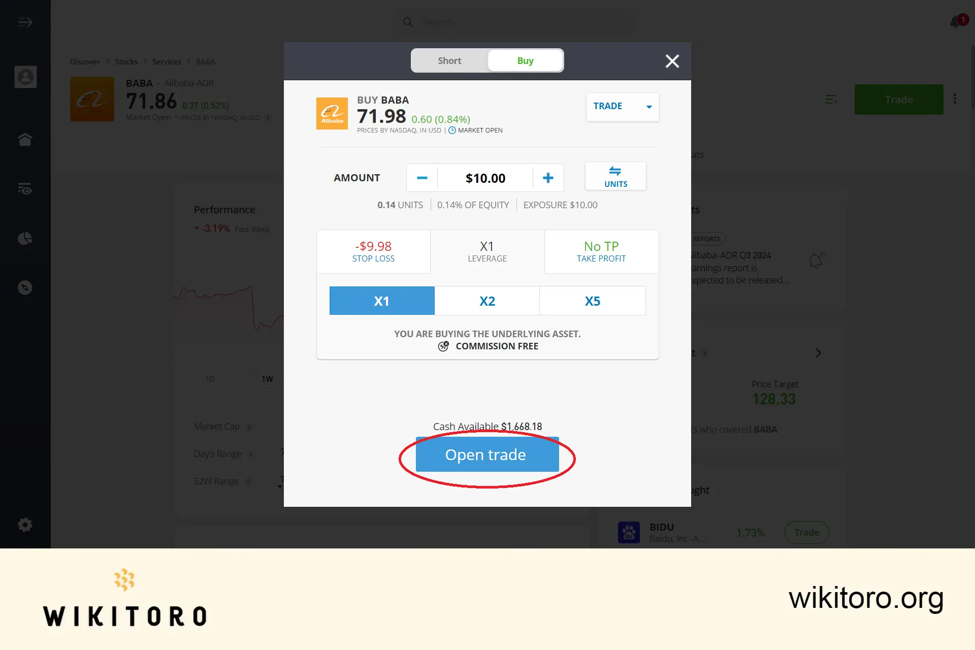 Executing eToro Alibaba stocks trade