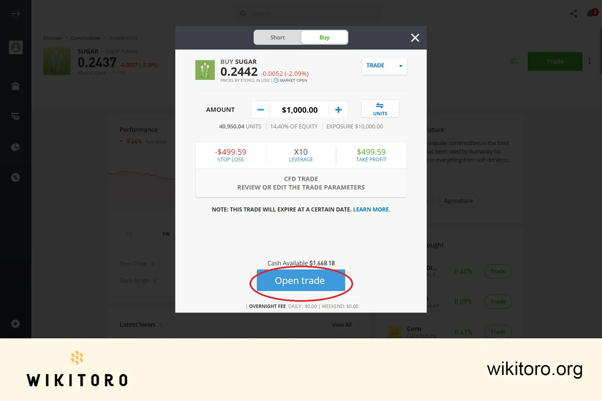 Executing eToro Sugar trade order