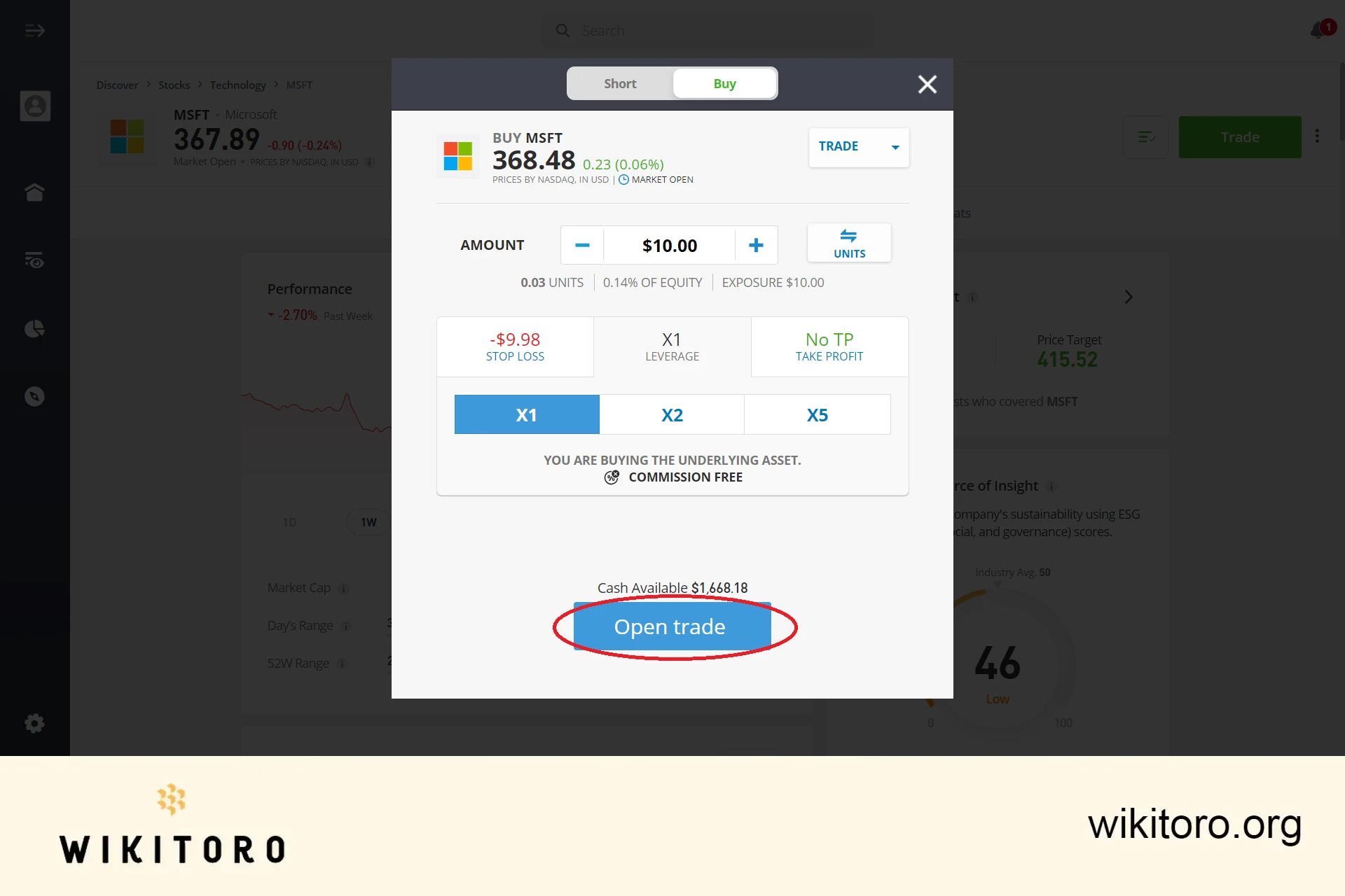 Executing eToro Microsoft stocks trade