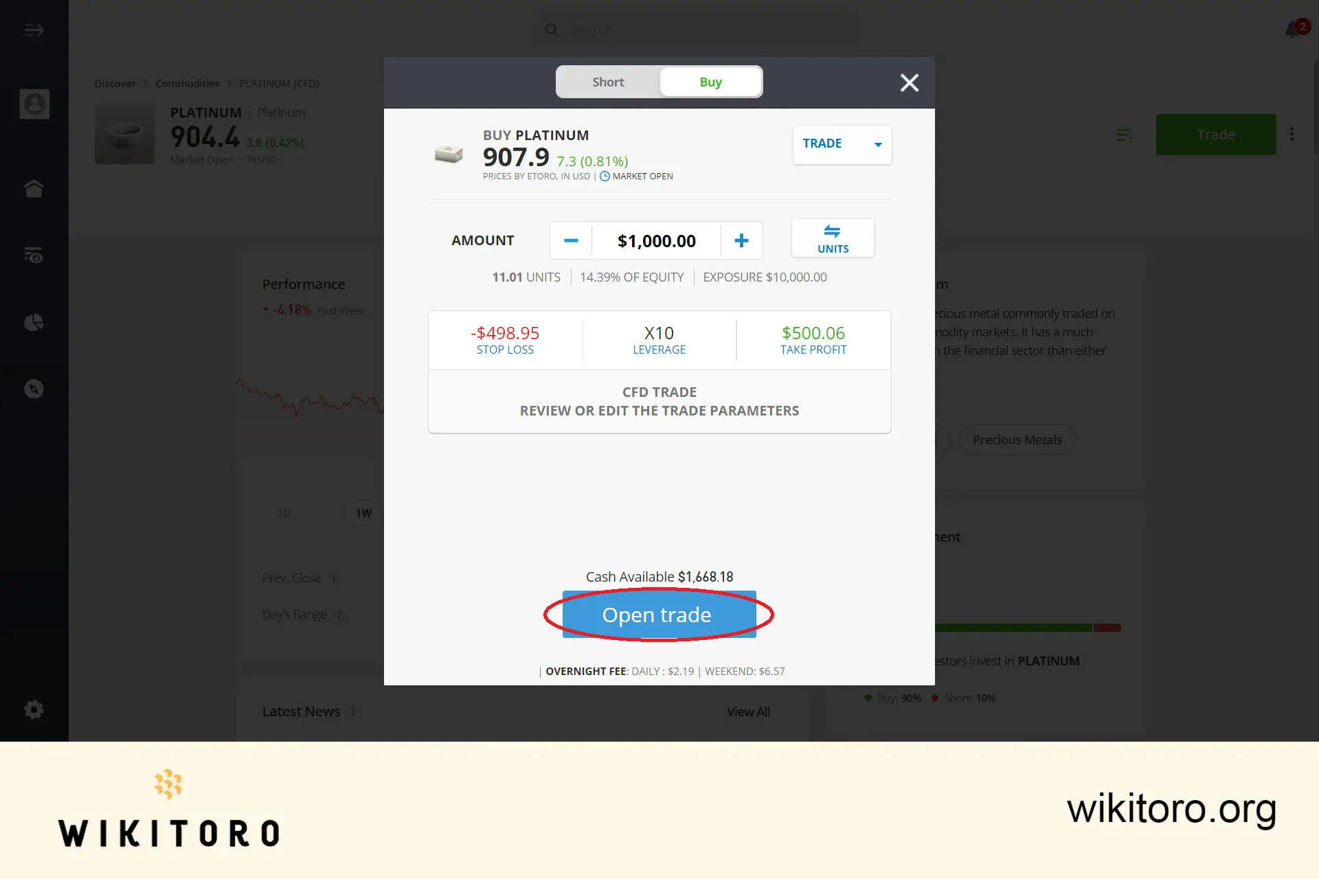 Executing eToro Platinum trade order