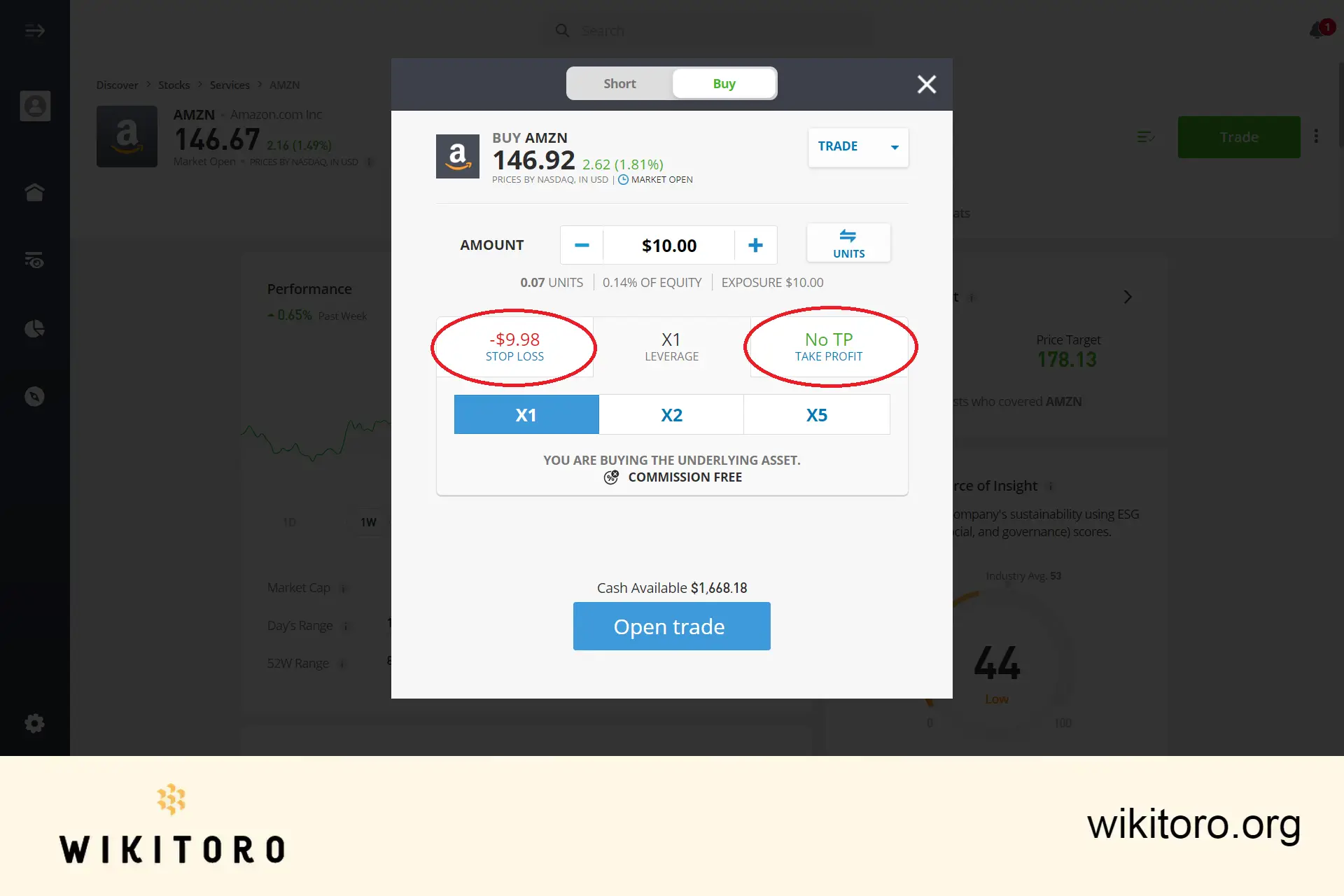 Setting eToro Amazon stocks trade parameters