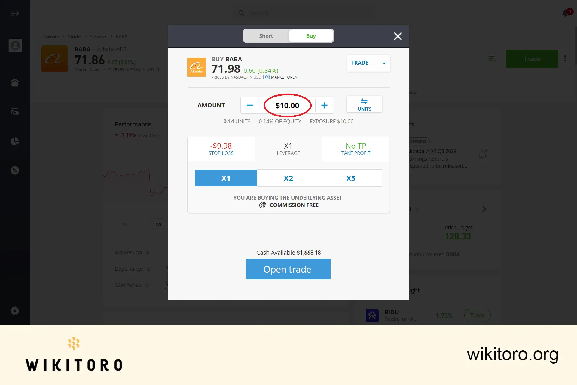 Entering Alibaba stocks investment amount on eToro