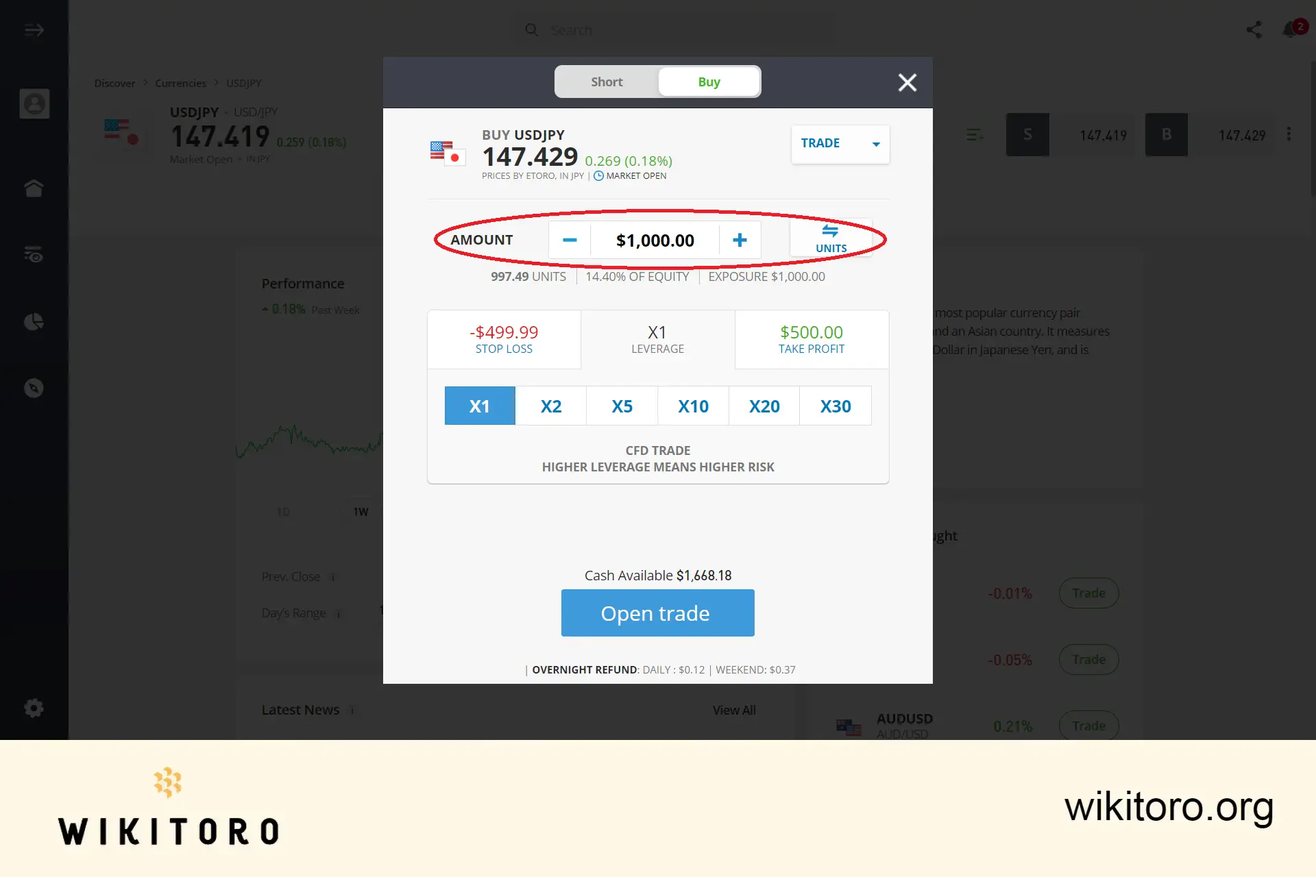 Entering eToro USDJPY trade amount