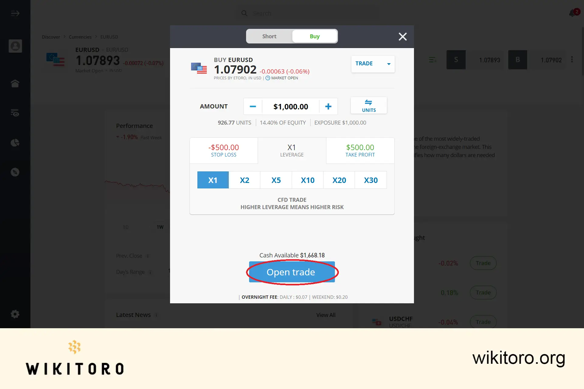 Executing eToro EURUSD trade