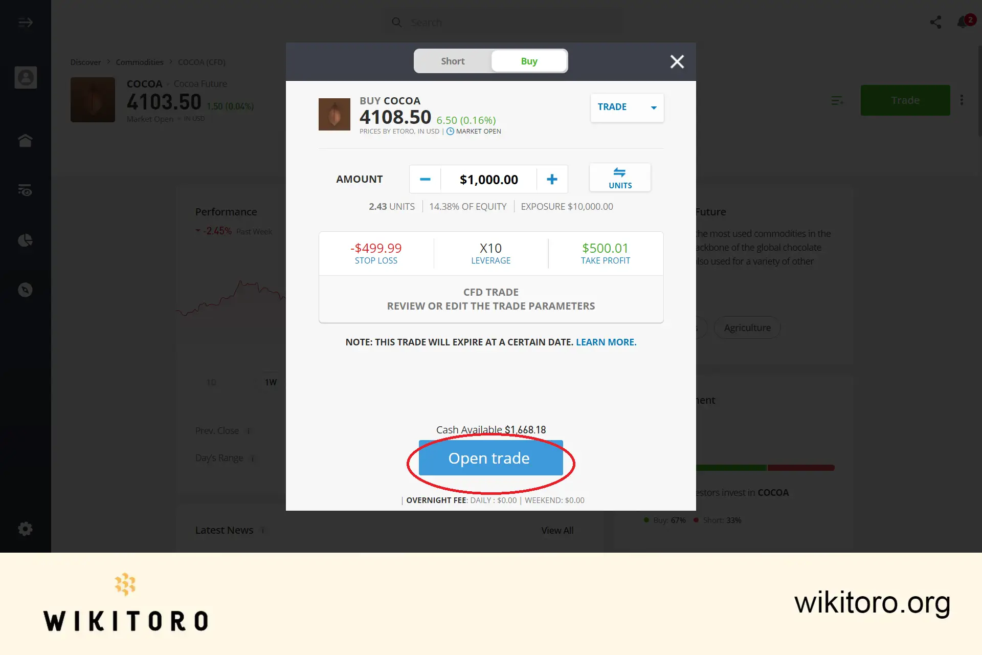 Executing eToro Cocoa trade order