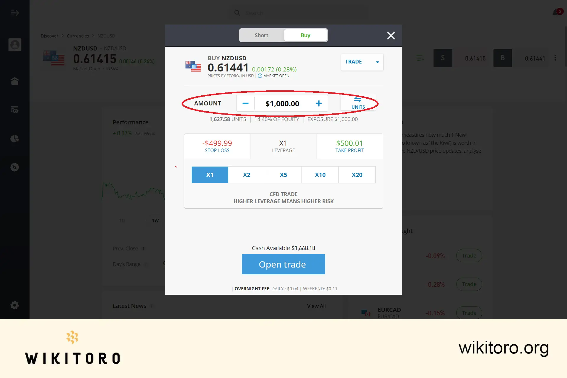 Entering eToro NZDUSD trade amount