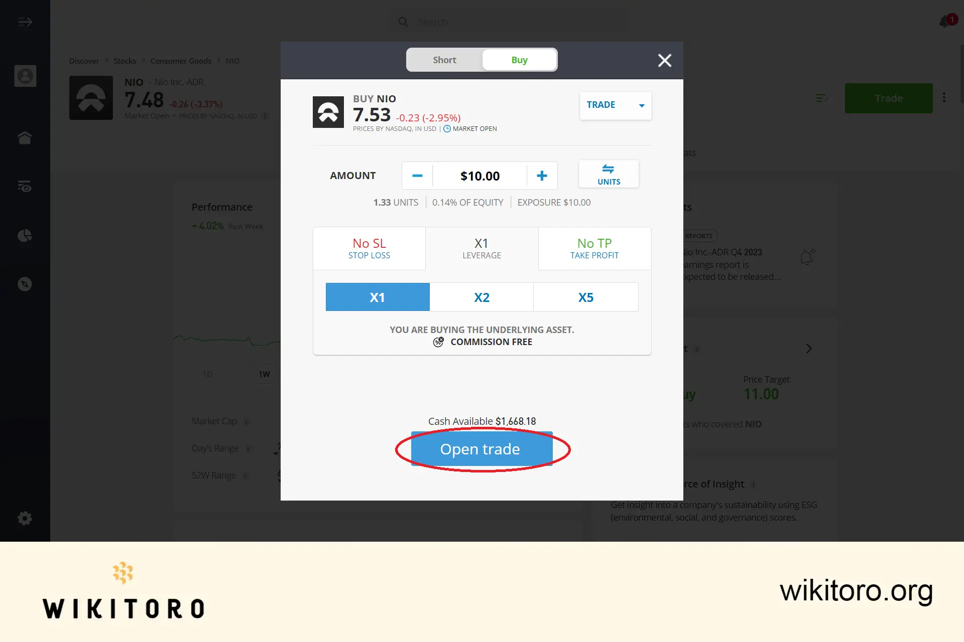 Executing eToro NIO stocks trade