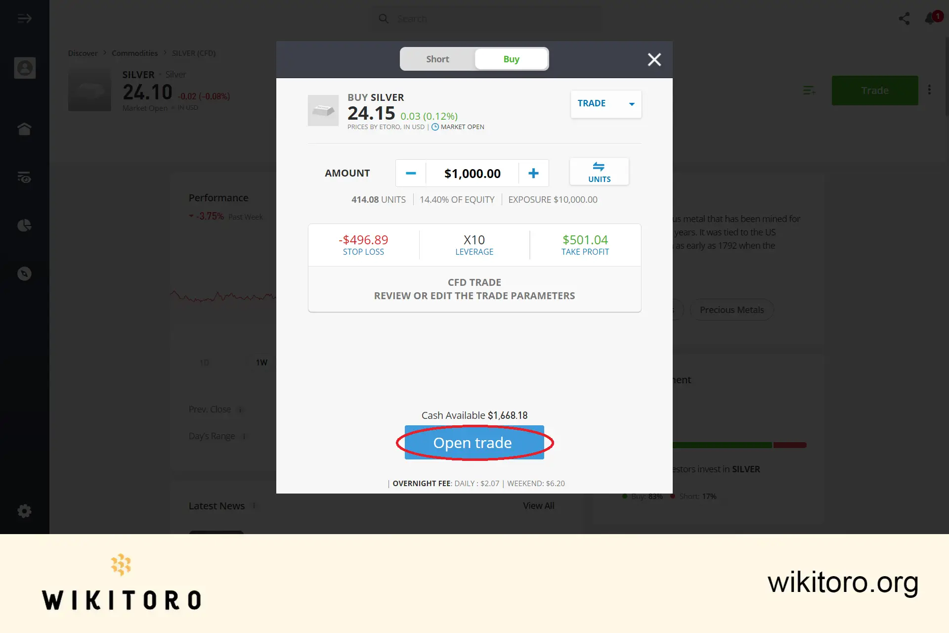 Executing eToro Silver trade order