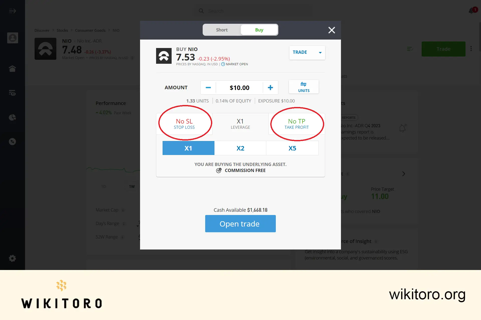 Setting eToro NIO stocks trade parameters