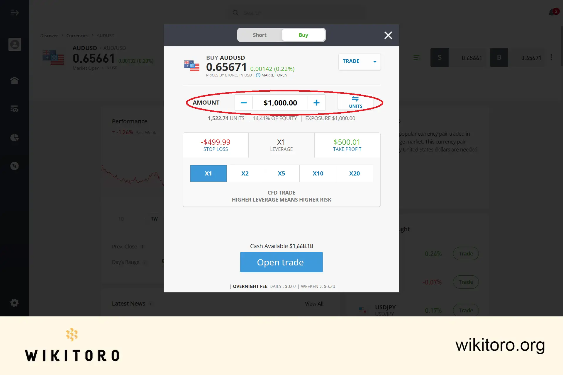 Entering eToro AUDUSD trade amount