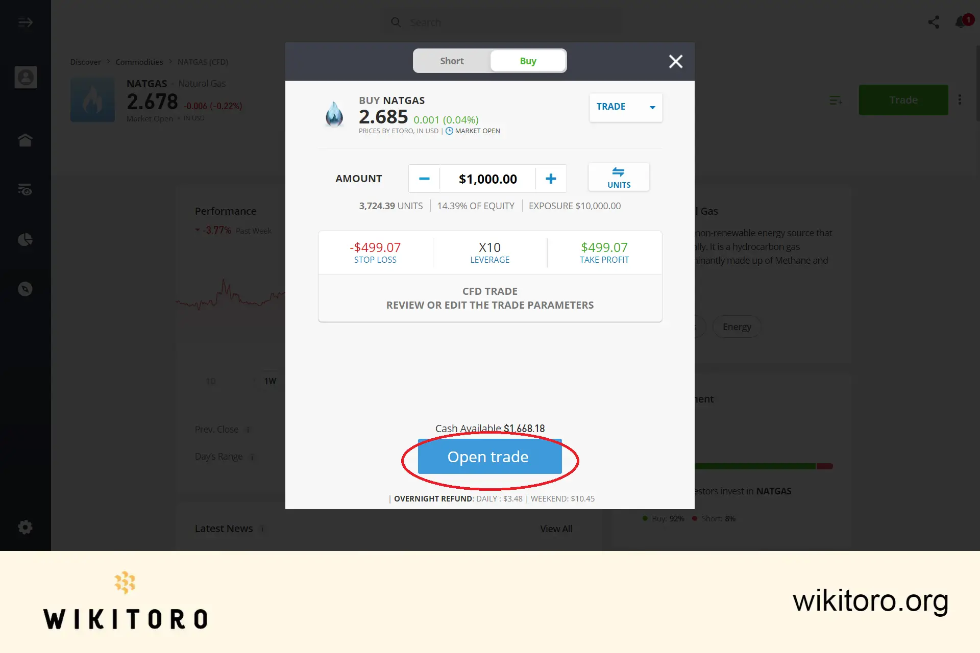 Executing eToro Natural Gas trade order