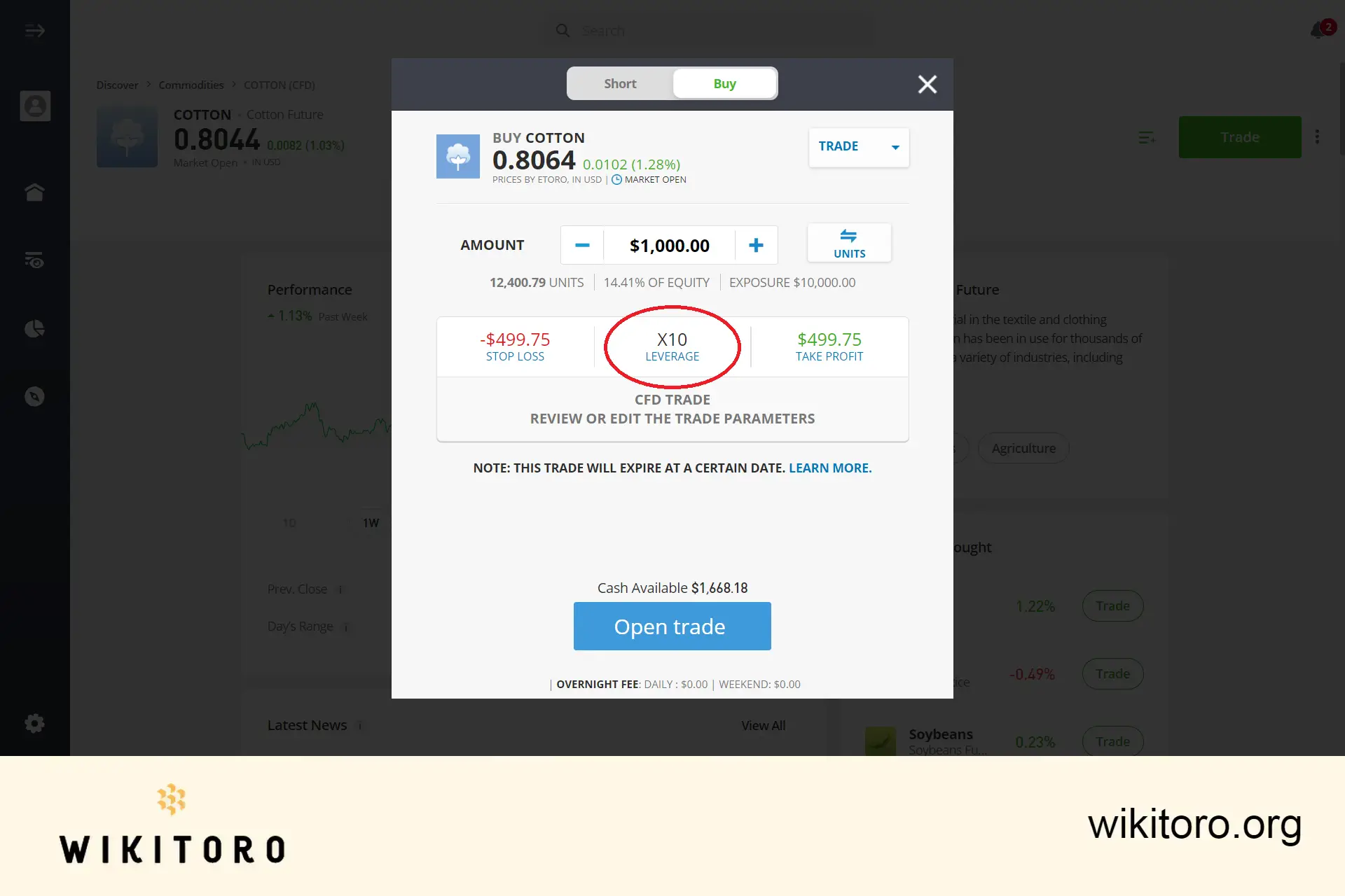 Setting cotton trading parameters on eToro