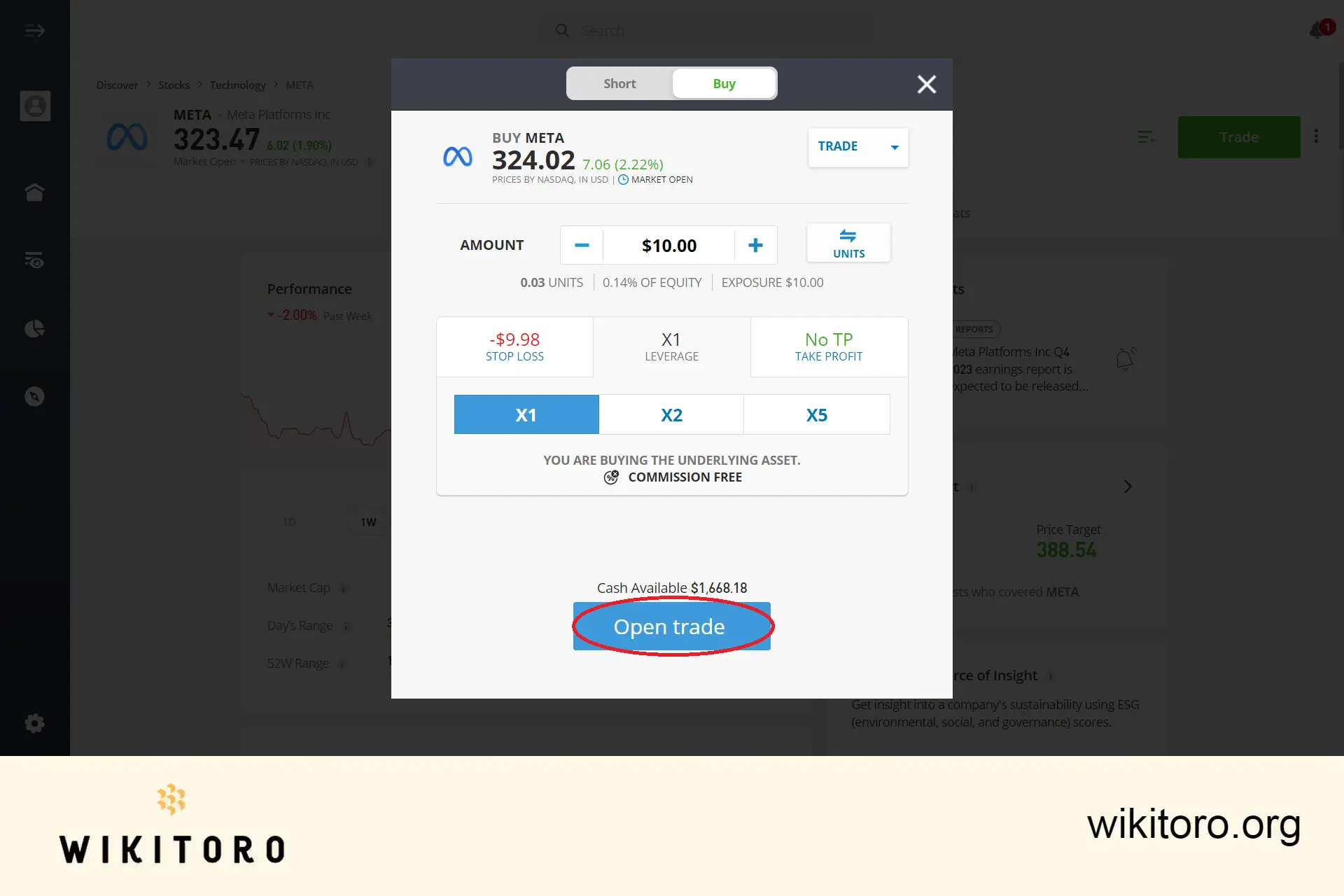 Executing eToro Meta stocks trade