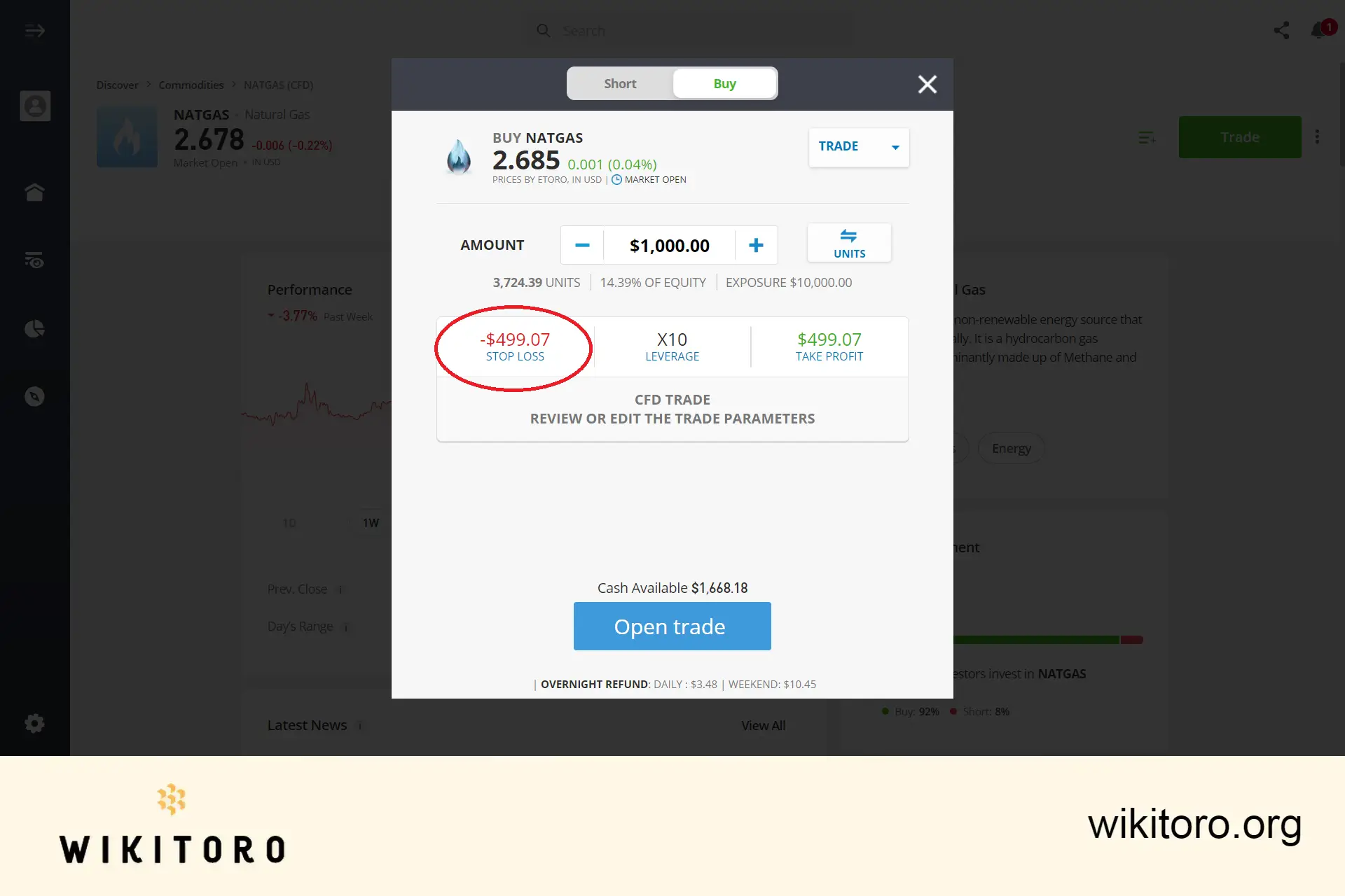 Setting natural gas trading parameters on eToro