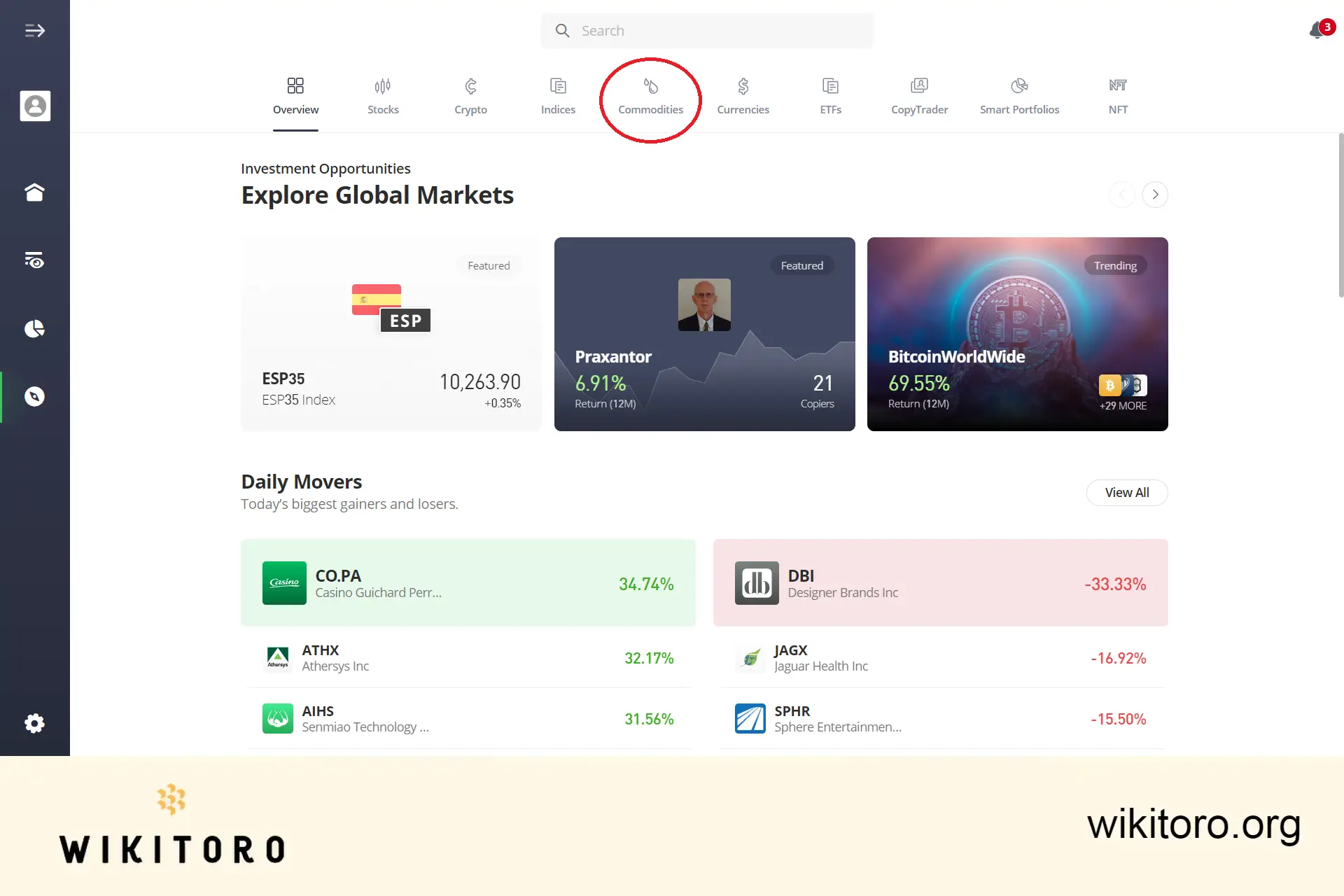 eToro Discover commodities tab